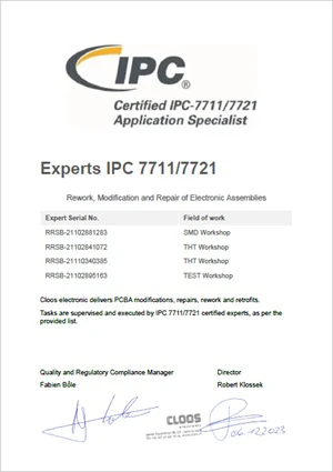 Image présentant les experts IPC 7711/7721 chez CLOOS electronic et leurs domaines de compétences. Ces experts garantissent la plus haute qualité dans les retravaux, la modification et la réparation des assemblages électroniques, assurant ainsi la longévité et la performance des produits.